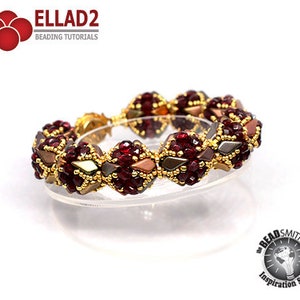 May include: A gold and red beaded bracelet with a geometric design. The bracelet is made with small, faceted beads in shades of red, gold, and brown. The beads are arranged in a repeating pattern of triangles and squares.