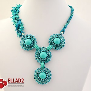 Puede incluir: Un collar de cuentas turquesa y plata con tres grandes cabujones turquesa. El collar está en un maniquí blanco.