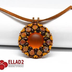 May include: A beaded pendant necklace with a round, orange, glass center surrounded by brown and yellow beads. The necklace is made with a brown leather cord.