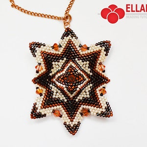 May include: A brown, white, and gold beaded star pendant with a gold chain. The star is made of small beads and has a geometric design.