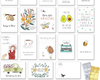 20 Sets of Thinking of You Cards with Greetings, Assorted Color Envelopes and Stickers to Seal Envelopes in a Sturdy Box, 4x6 Inch