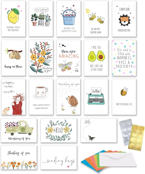 20 Sets of Thinking of You Cards with Greetings, Assorted Color Envelopes and Stickers to Seal Envelopes in a Sturdy Box, 4x6 Inch