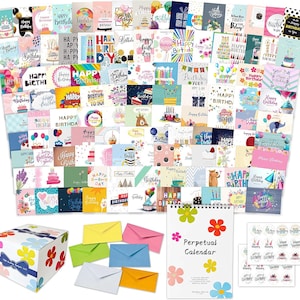 May include: A set of 50 colorful birthday cards with various designs and messages. The cards are arranged in a grid pattern and include envelopes, a perpetual calendar, and stickers. The cards feature a variety of colors, including red, blue, green, yellow, and purple.