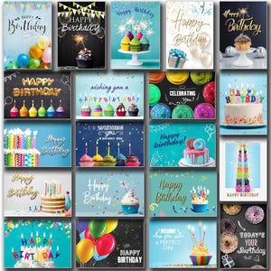 May include: A collection of 16 colorful birthday cards with various designs featuring cupcakes, candles, balloons, and confetti. The cards have different messages such as "Happy Birthday", "Wishing you a perfect day", and "Celebrating you!"