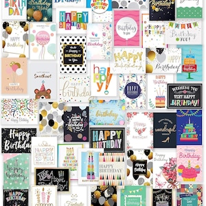 May include: A collection of colorful birthday cards with various designs and messages. The cards feature confetti, balloons, cake, and other festive elements.
