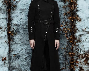 Viral Dark Academia Military Coat - Black Double Breasted Gothic Trench -  Y2K Vampire Uniform Jacket with Belt - Unisex Victorian Steampunk