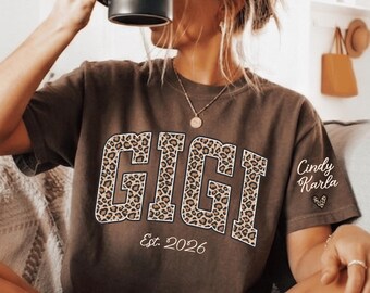 Comfort Colors® Personalized Gigi Shirt with Grandkids Names, Leopard Gigi T-Shirt, Gigi Gifts,Mothers Day Gift,Custom Kids Names Gigi Shirt