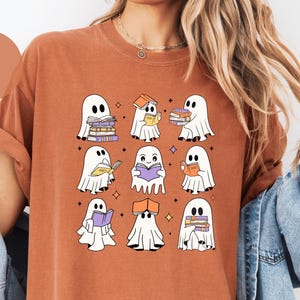 Comfort Colors® Ghost Reading Books Shirt, Bookish Halloween Shirt, Teacher Librarian Halloween Gift, Halloween School, Halloween Book Lover