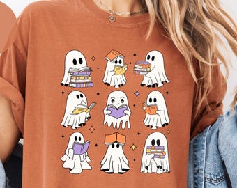 Comfort Colors® Ghost Reading Books Shirt, Bookish Halloween Shirt, Teacher Librarian Halloween Gift, Halloween School, Halloween Book Lover