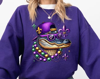 Mardi Gras Crocodile Sweatshirt, Women Mardi Gras Costume, Mardi Gras Alligator Shirt, Fat Tuesday Sweater, Mardi Gras Carnival