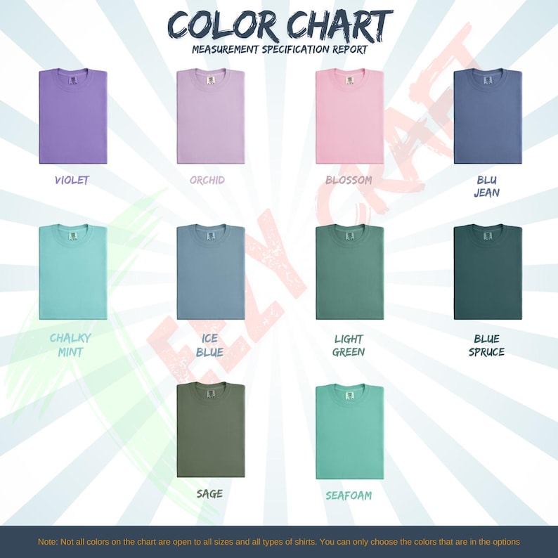 May include: A color chart displaying various t-shirt colors, including violet, orchid, blossom, blu jean, chalky mint, ice blue, light green, blue spruce, sage, and seafoam. The text "COLOR CHART" and "MEASUREMENT SPECIFICATION REPORT" are at the top.