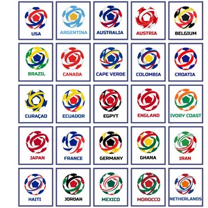 May include: A collection of soccer ball designs, each representing a different country. The balls feature various color schemes and patterns, with the country's name displayed below each ball. Countries include USA, Argentina, and more.