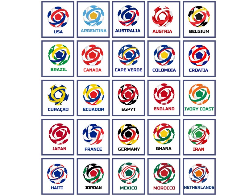 May include: A collection of soccer ball designs, each representing a different country. The balls feature various color schemes and patterns, with the country's name displayed below each ball. Countries include USA, Argentina, and more.