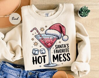 Santa's Hot Mess Sweater, Christmas Martini Hoodie, Faux Glitter Christmas Drink Sweater,Christmas Party Sweatshirt, Drink Sweater For Women