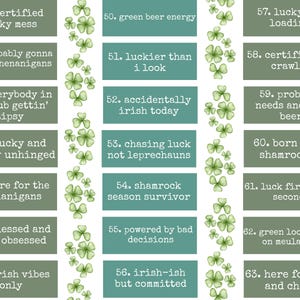 K&ouml;nnte beinhalten: Eine Sammlung von Textgrafiken zum Thema St. Patrick's Day. Jede Grafik befindet sich auf einem teal-farbenen Hintergrund mit wei&szlig;em Rand und enth&auml;lt S&auml;tze wie "certified lucky mess" und "born to be shamrocked". Gr&uuml;ne Kleeblatt-Illustrationen sind ebenfalls vorhanden.