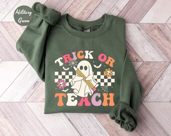 Teacher Halloween Sweatshirt, Halloween Teacher Shirt, Trick or Teach Sweatshirt, Retro Ghost Teacher Sweatshirt, Spooky Teacher T-shirt