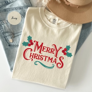 Comfort Colors® Merry Christmas Shirt, Retro Women&#39;s Holiday Tee, Trendy Christmas Tshirt, Xmas Eve Shirt, Oversized Winter Shirt for Her
