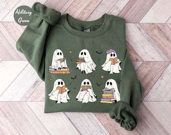 Ghost Reading Books Sweater, Bookish Halloween Sweatshirt, Halloween Teacher Gift, Ghost Crewneck, Librarian Halloween Hoodie,Halloween Gift