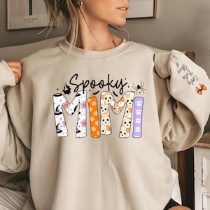 Custom Halloween Spooky Mimi Sweatshirt with Kids Name on Sleeve Sweatshirt, Cool Mimi Halloween Sweatshirt, Mimi Halloween Gift,Custom Aunt