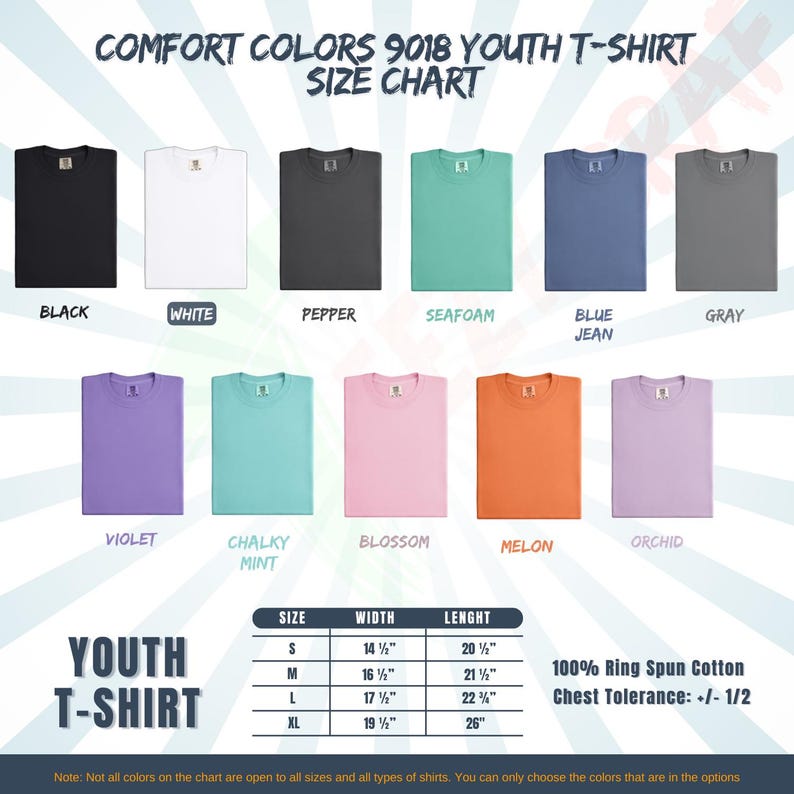 May include: A size chart for Comfort Colors 9018 youth t-shirts, showcasing various colors including black, white, and violet. The chart provides size measurements in inches, with chest tolerance information.
