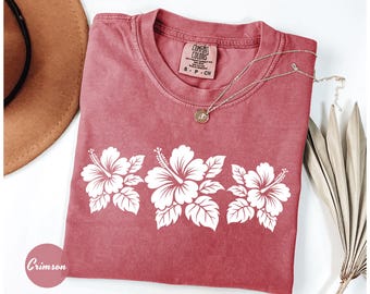 Comfort Colors® Hibiscus Flower Shirt, Tropical Floral Shirt, Tropical Beach Tee, Summer Vibes Shirt for Women, Summer Shirt, Beach Shirt