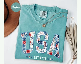 Comfort Colors Floral USA Shirt, American Girl Shirt, USA Est 1776 Shirt, Girly 4th of July Shirt, Patriotic Women Shirt, Flower USA Shirt