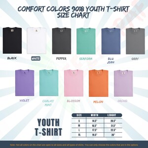 K&ouml;nnte beinhalten: Gr&ouml;&szlig;entabelle f&uuml;r Comfort Colors 9018 Jugend-T-Shirts. Die Tabelle zeigt verschiedene T-Shirt-Farben, darunter Schwarz, Wei&szlig;, Pfeffer, Meerschaum, Blu Jean, Grau, Violett, Kreideminze, Bl&uuml;te, Melone und Orchidee. Eine Gr&ouml;&szlig;entabelle mit Ma&szlig;en in cm ist ebenfalls enthalten.