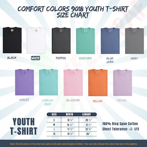 K&ouml;nnte beinhalten: Eine Gr&ouml;&szlig;entabelle f&uuml;r Comfort Colors 9018 Jugend-T-Shirts, die verschiedene Farben wie Schwarz, Wei&szlig;, Pfeffer, Meerschaum, Blue Jean, Grau, Violett, Kreideminze, Bl&uuml;te, Melone und Orchidee zeigt. Die Tabelle zeigt Gr&ouml;&szlig;en-, Breiten- und L&auml;ngenma&szlig;e in Zoll.