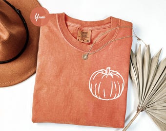Comfort Colors® Pumpkin Shirt, Pumpkin Outline T-Shirt, Simple Fall Pumpkin Crewneck T-Shirt, Minimal Fall Long Sleeve T-Shirt, Fall Shirt
