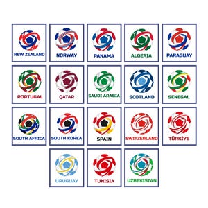 May include: A collection of soccer ball designs, each representing a different country. The balls are colorful, with each design incorporating the colors of the respective national flag. Each ball is displayed within a white rectangular frame, with the country's name below.