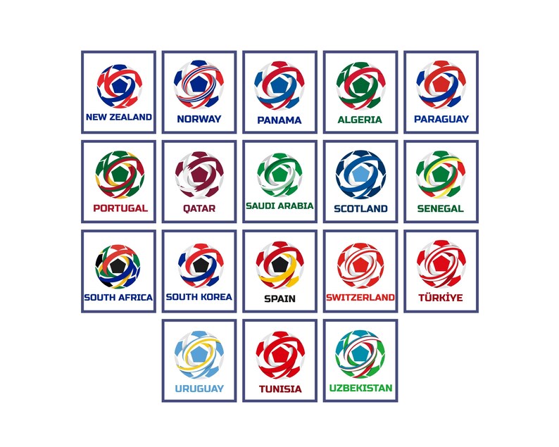 May include: A collection of soccer ball designs, each representing a different country. The balls are colorful, with each design incorporating the colors of the respective national flag. Each ball is displayed within a white rectangular frame, with the country's name below.