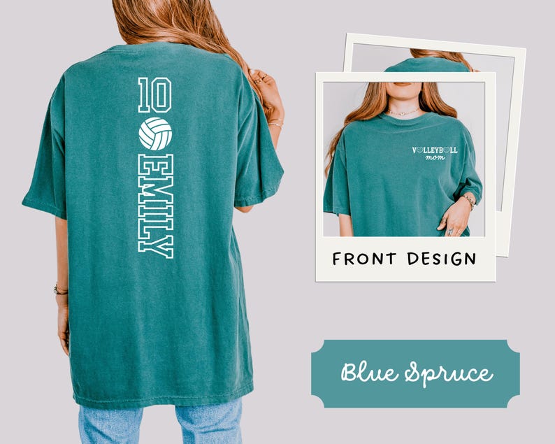 May include: Teal blue t-shirt with white text and a volleyball graphic. The back of the shirt features the number 10, a volleyball, and the name "EMILY". The front of the shirt says "Volleyball mom".