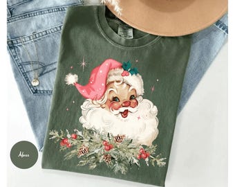 Comfort Colors® Retro Santa Shirt, Christmas Tee, Women's Holiday Shirts, Vintage Santa Xmas Gift for Her, Christmas Long Sleeve Shirt