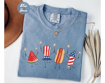 Comfort Colors® Patriotic Doodle, Cute Fourth of July Shirt, Watermelon Hotdog Firework Shirt, Retro American Shirt, Funny Sumer 250th Shirt