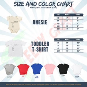 K&ouml;nnte beinhalten: Eine Gr&ouml;&szlig;en- und Farbtabelle f&uuml;r Strampler und T-Shirts f&uuml;r Kleinkinder. Die Tabelle enth&auml;lt Ma&szlig;e in Zoll f&uuml;r Breite und L&auml;nge und listet die verf&uuml;gbaren Farben auf: Athletic Heather, Rot, True Royal, Pink, Schwarz und Wei&szlig;. Der Text "Hinweis: Nicht alle Farben auf der Tabelle sind f&uuml;r alle Gr&ouml;&szlig;en und alle Arten von Hemden verf&uuml;gbar. Sie k&ouml;nnen nur die Farben ausw&auml;hlen, die in den Optionen enthalten sind" ist ebenfalls enthalten.