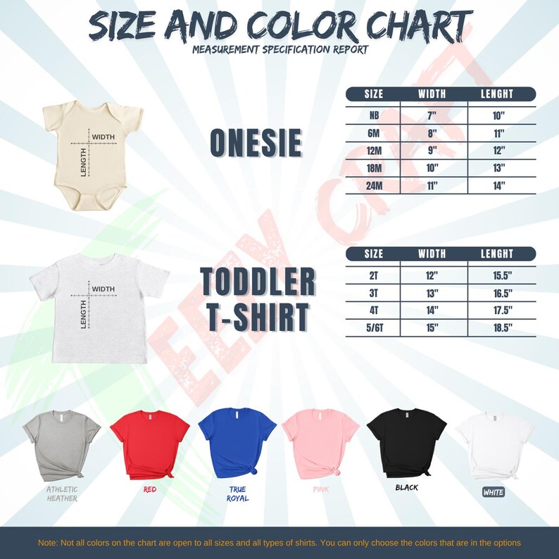 K&ouml;nnte beinhalten: Eine Gr&ouml;&szlig;en- und Farbtabelle f&uuml;r Strampler und T-Shirts f&uuml;r Kleinkinder. Die Tabelle enth&auml;lt Ma&szlig;e in Zoll f&uuml;r Breite und L&auml;nge und listet die verf&uuml;gbaren Farben auf: Athletic Heather, Rot, True Royal, Pink, Schwarz und Wei&szlig;. Der Text "Hinweis: Nicht alle Farben auf der Tabelle sind f&uuml;r alle Gr&ouml;&szlig;en und alle Arten von Hemden verf&uuml;gbar. Sie k&ouml;nnen nur die Farben ausw&auml;hlen, die in den Optionen enthalten sind" ist ebenfalls enthalten.
