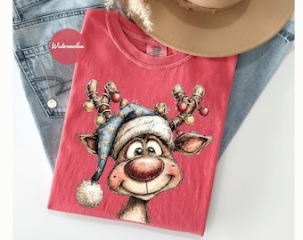 Comfort Colors® Vintage Reindeer Shirt, Cute Christmas Tee, Retro Reindeer T-shirt, Merry Christmas Shirt, Christmas Reindeer Sweatshirt