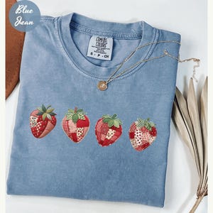 Comfort Colors® Faux Patchwork Strawberry Shirt, Faux summer Embroidered Shirt, Spring Gift Tee, Cottagecore Fruit Tshirt, Varsity Mom Tee
