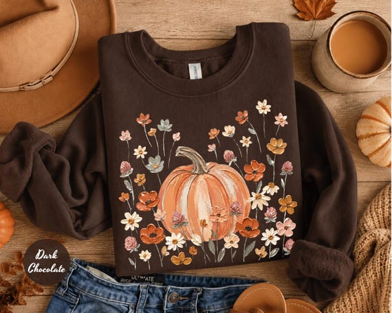 Womens Floral Pumpkin Fall Sweatshirt, WildFlowers Pumpkin Shirt, Aesthetic Fall Graphic Tee, Pumpkin Patch Shirt, Boho Pumpkin Shirt