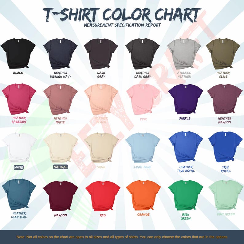 Op de afbeelding: Een kleurenkaart voor t-shirts, met verschillende kleuren zoals zwart, marineblauw, grijs, roze, paars en groen. Elke kleur wordt weergegeven door een t-shirtmonster met de bijbehorende naam. De kaart bevat een opmerking over de kleur beschikbaarheid.