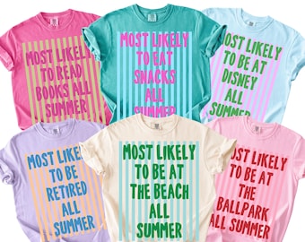 Comfort Colors® Most Likely To Teacher Summer Shirt, Retro Striped End of Year Tee, Teacher Team Matching Shirts, Funny Teacher Break Shirt