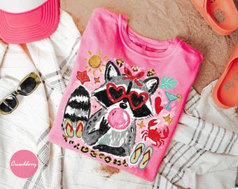 Comfort Colors® Summer Raccoon Shirt, Beach Raccoon T-Shirt, Girly Coquette Animal Tee, Funny Vacation Summer Graphic Tee, Summer Shirt