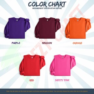 May include: A color chart displaying five crewneck sweatshirts in various colors: purple, maroon, orange, red, and safety pink. The text "COLOR CHART" and "MEASUREMENT SPECIFICATION REPORT" are at the top. The text "PURPLE", "MAROON", "ORANGE", "RED", and "SAFETY PINK" are below each respective sweatshirt.
