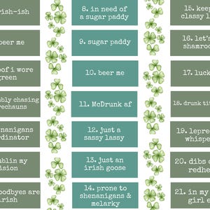 K&ouml;nnte beinhalten: Eine Sammlung rechteckiger Etiketten mit Phrasen zum Thema St. Patrick's Day. Die Etiketten sind in Gr&uuml;n- und T&uuml;rkist&ouml;nen gehalten und tragen wei&szlig;en Text. Kleeblatt-Illustrationen sind dazwischen eingef&uuml;gt. S&auml;tze: "irish-ish" und "beer me."