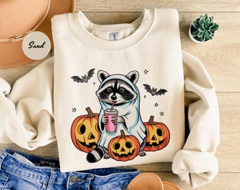 Halloween Raccoon Sweatshirt,Halloween Sweater,Halloween Sweatshirt,Spooky Season Hoodie,Ghost Sweatshirt, Raccoon Lover Shirt