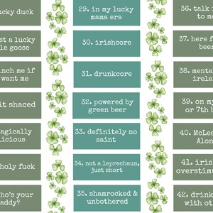 K&ouml;nnte beinhalten: Eine Sammlung von Textgrafiken zum Thema St. Patrick's Day auf rechteckigen Hintergr&uuml;nden. Die Phrasen umfassen "lucky duck", "irishcore", "drunkcore", "here for the beer" und "drinks well with others". Gr&uuml;ne Kleeblatt-Illustrationen sind ebenfalls vorhanden.