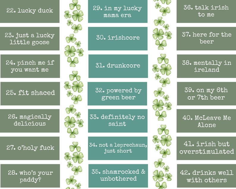 K&ouml;nnte beinhalten: Eine Sammlung von Textgrafiken zum Thema St. Patrick's Day auf rechteckigen Hintergr&uuml;nden. Die Phrasen umfassen "lucky duck", "irishcore", "drunkcore", "here for the beer" und "drinks well with others". Gr&uuml;ne Kleeblatt-Illustrationen sind ebenfalls vorhanden.