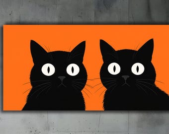 Black Cat Halloween Canvas Art: Minimalist Print, Modern Home Decor