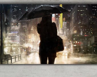 Quadro su tela "Strada urbana piovosa": silhouette urbana noir, arredamento moderno per la casa.