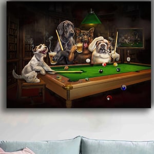 Vintage Dogs Playing Pool Canvas Art Print: Humorous Retro Wall Decor
